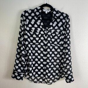 Express Portofino Shirt Womens Small Black White Heart Roll Tab Sleeve Blouse